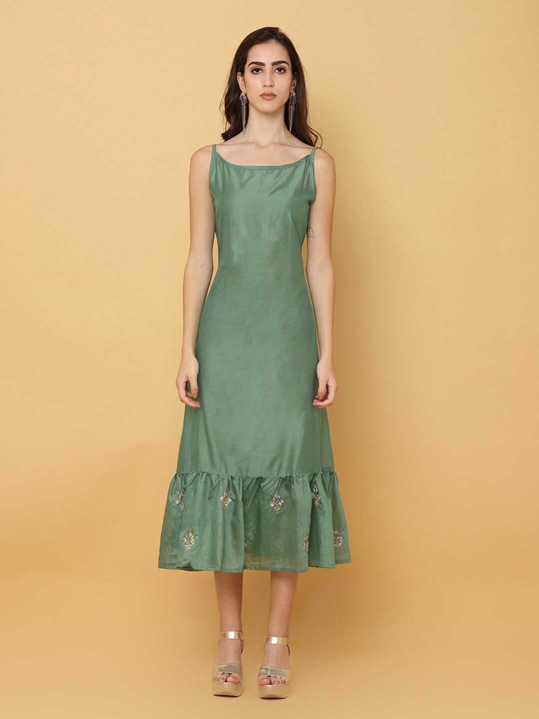 

NAYRA Floral Embroidered Layered A-Line Midi Ethnic Dress, Green