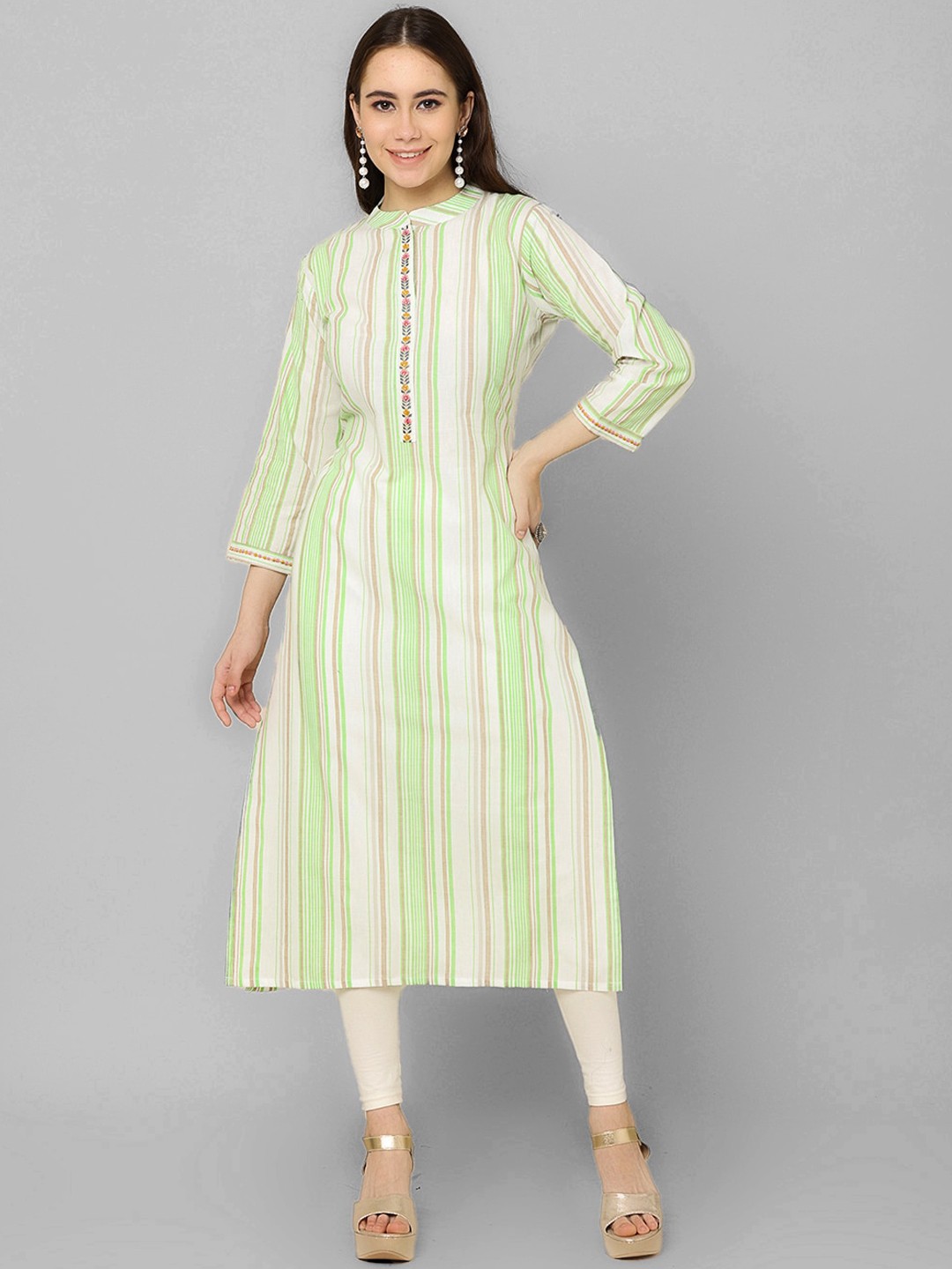 

NAYRA Mandarin Collar Striped Thread Work Pure Cotton Kurta, Green