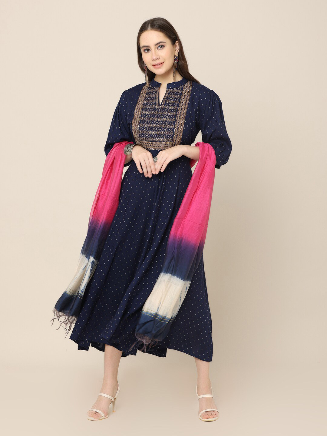 

NAYRA Ethnic Motif Embroidered A-Line Midi Ethnic Dress With Dupatta, Navy blue