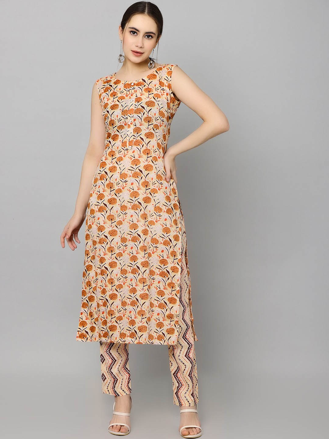 

NAYRA Floral Printed Pure Cotton Kurta With Trousers, Mustard