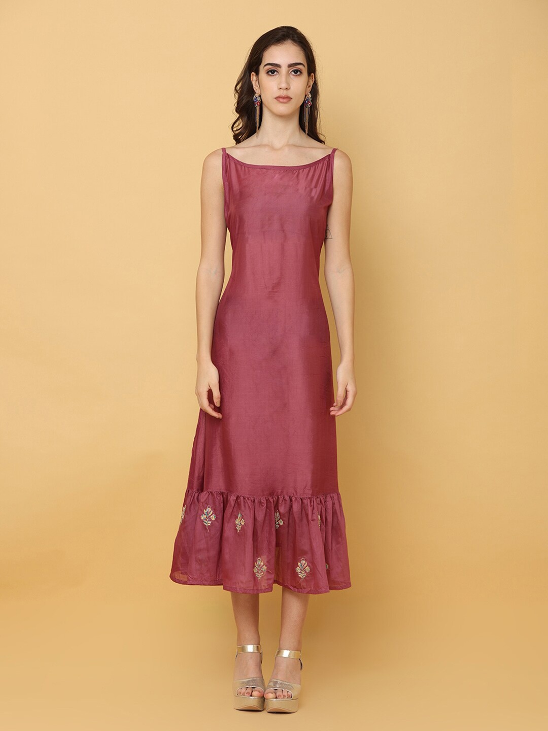 

NAYRA Floral Embroidered Layered A-Line Midi Ethnic Dress, Magenta