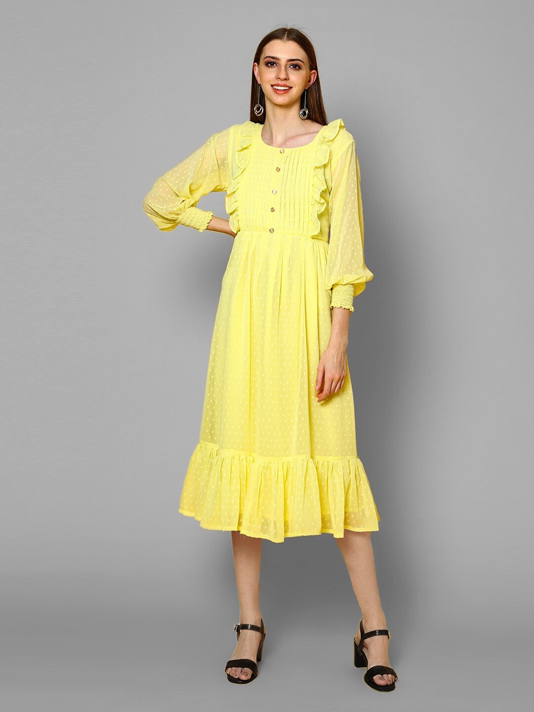 

NAYRA Self Design Cuffed Sleeves Ruffled Fit & Flare Midi Dress, Yellow