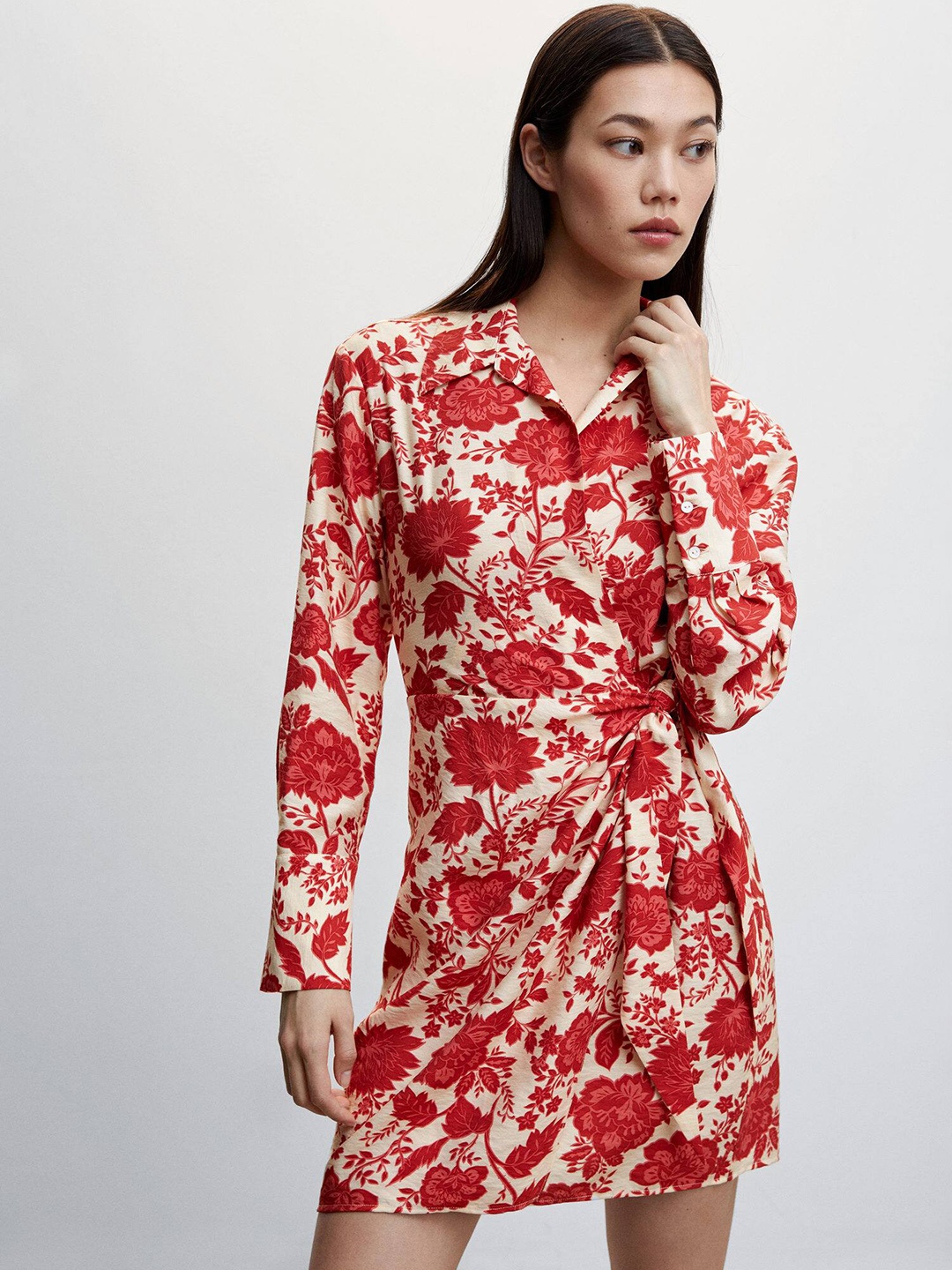 

MANGO Floral Print Waist Tie-Up Mini Wrap Dress, Cream