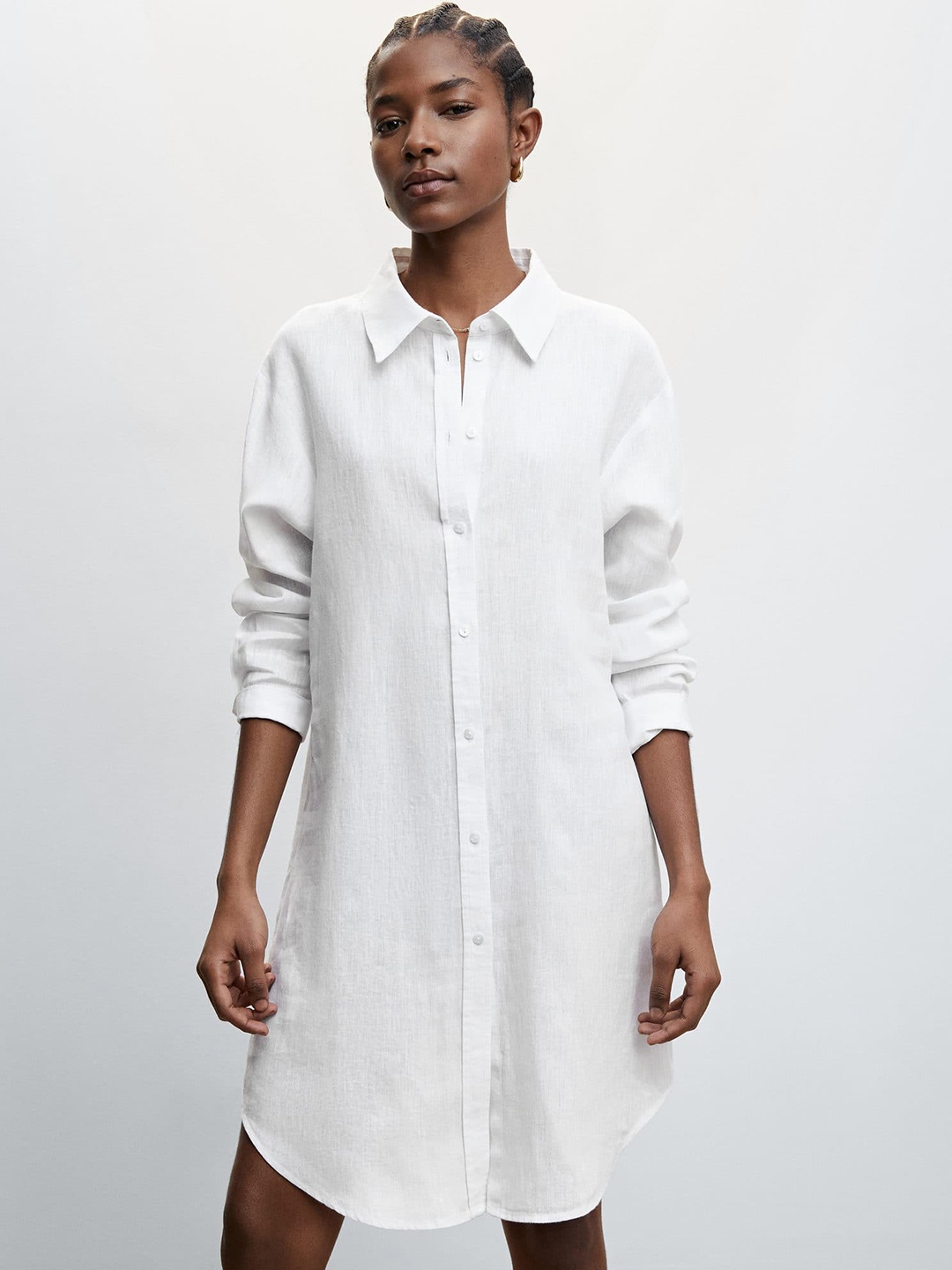 

MANGO Solid Pure Linen Shirt Dress, White