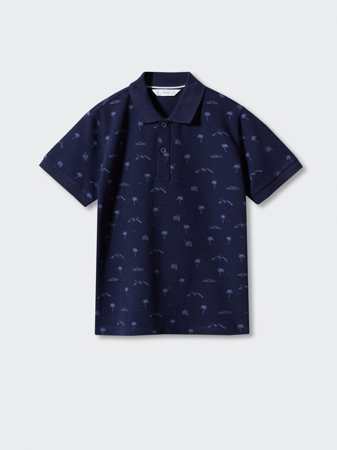 

Mango Kids Boys Pure Cotton Tropical Printed Polo Collar T-shirt, Navy blue