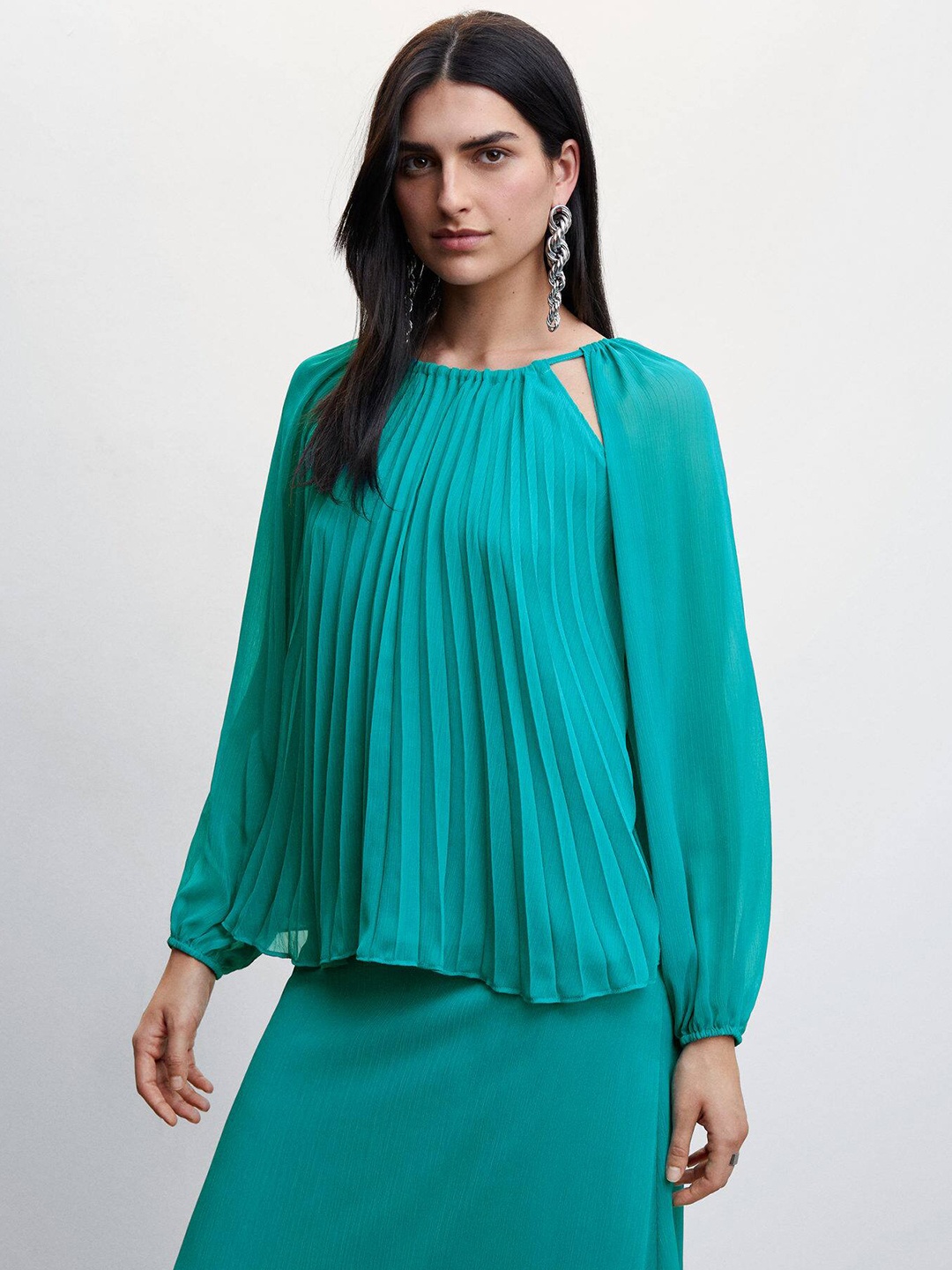 

MANGO Accordion Pleats Top, Teal