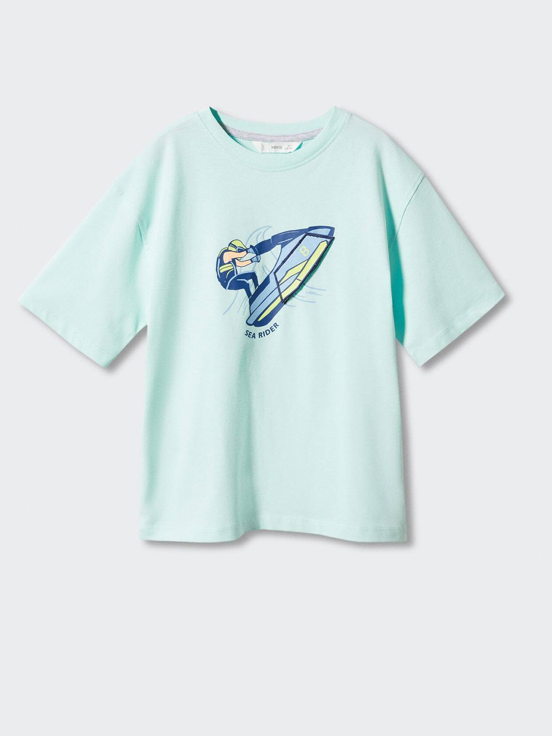 

Mango Kids Boys Graphic Printed Pure Cotton Applique Detail T-shirt, Turquoise blue
