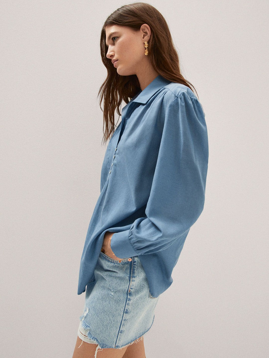 

MANGO Solid Puff Sleeve Cotton Top, Blue