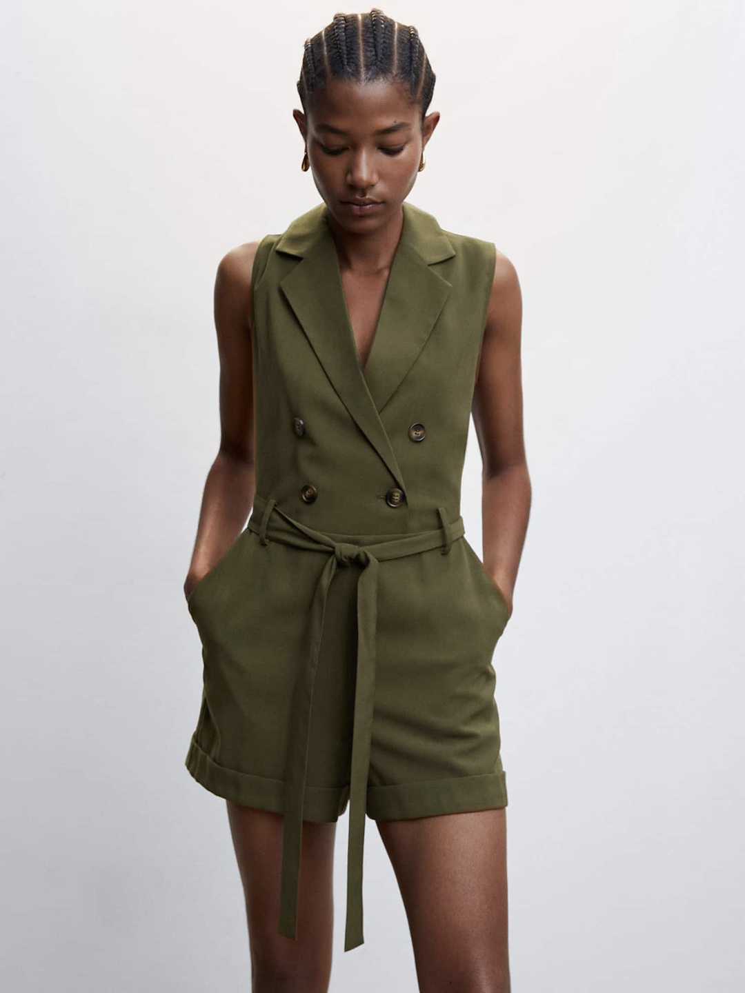 

MANGO Solid Wrap Jumpsuit with Belt, Olive