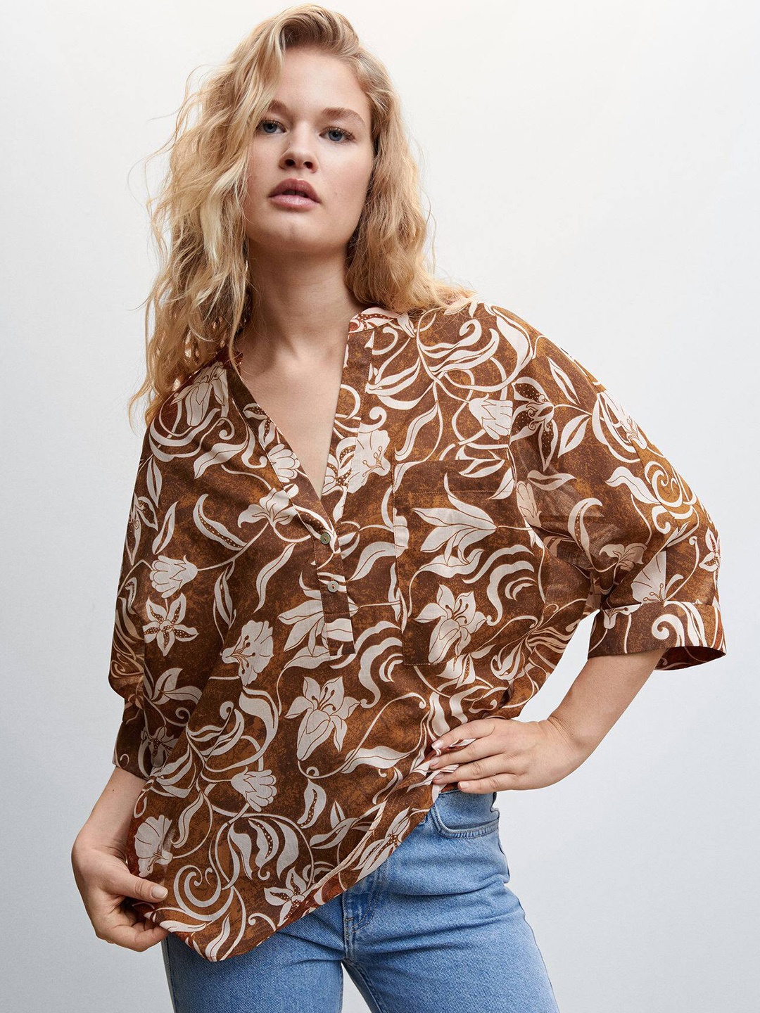 

MANGO Floral Print Pure Cotton Shirt Style Top, Brown