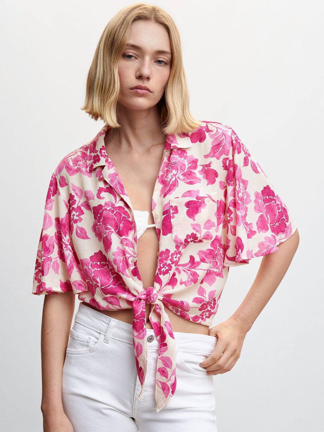 

MANGO Women Floral Print Front Knot Casual Shirt, Pink