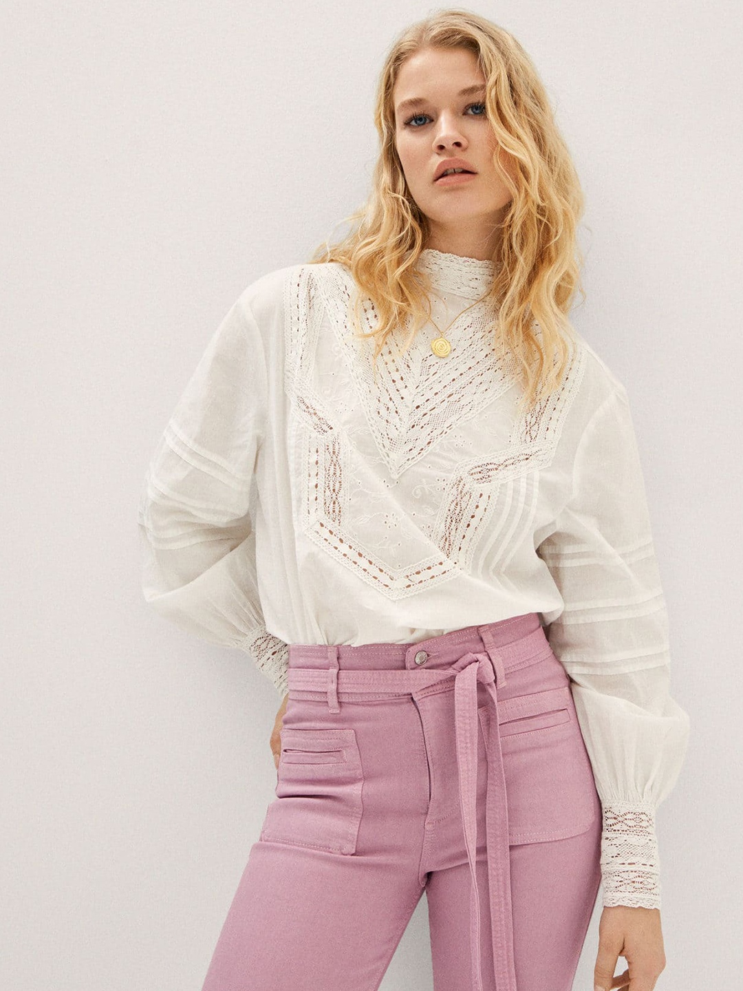 

MANGO Pure Cotton Lace Inserts Victorian Top, Off white