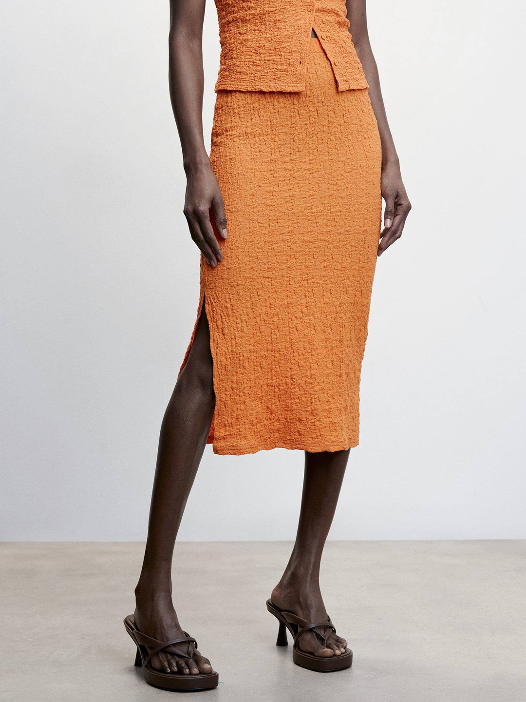 

MANGO Side Slit Textured Skirt, Rust