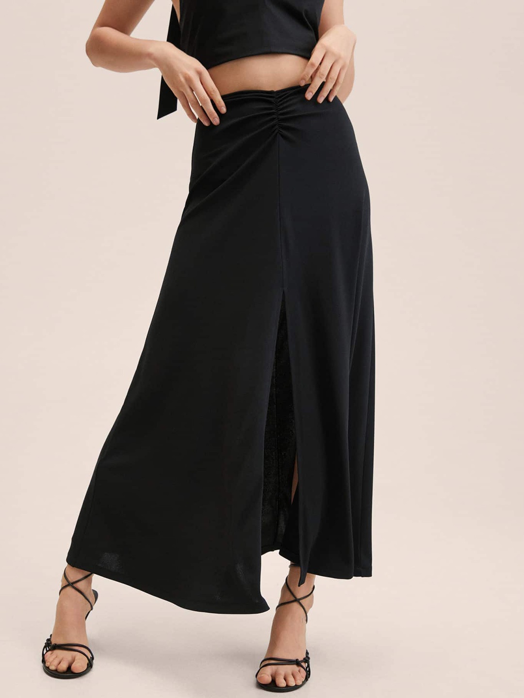 

MANGO Ruched Detail High-Slit A-Line Maxi Skirt, Black