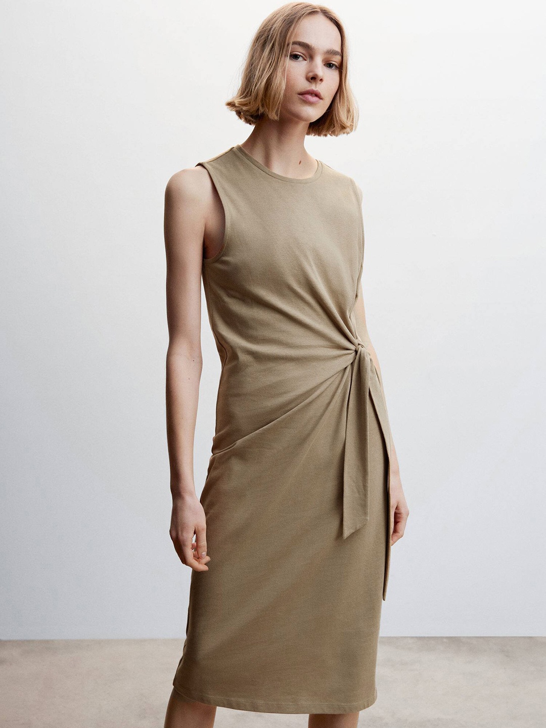 

MAANGO Pure Cotton Tie-Up Sheath Midi Dress, Beige