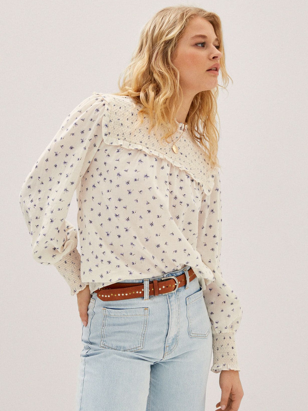 

MANGO Floral Print Pure Cotton Top, Off white