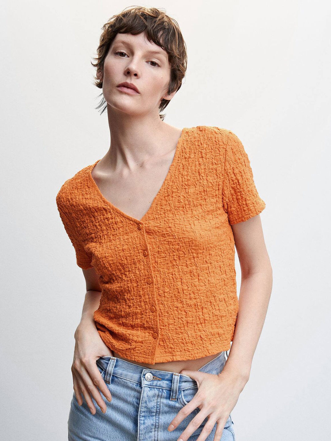 

MANGO Textured Crop Top, Orange