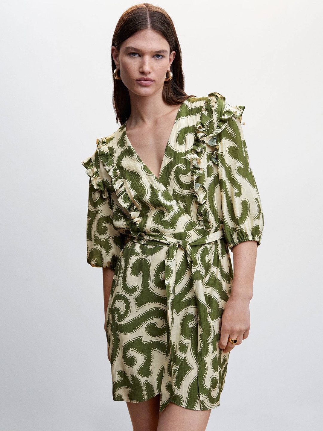 

MANGO Printed Ruffled Wrap Dress with Belt, Green