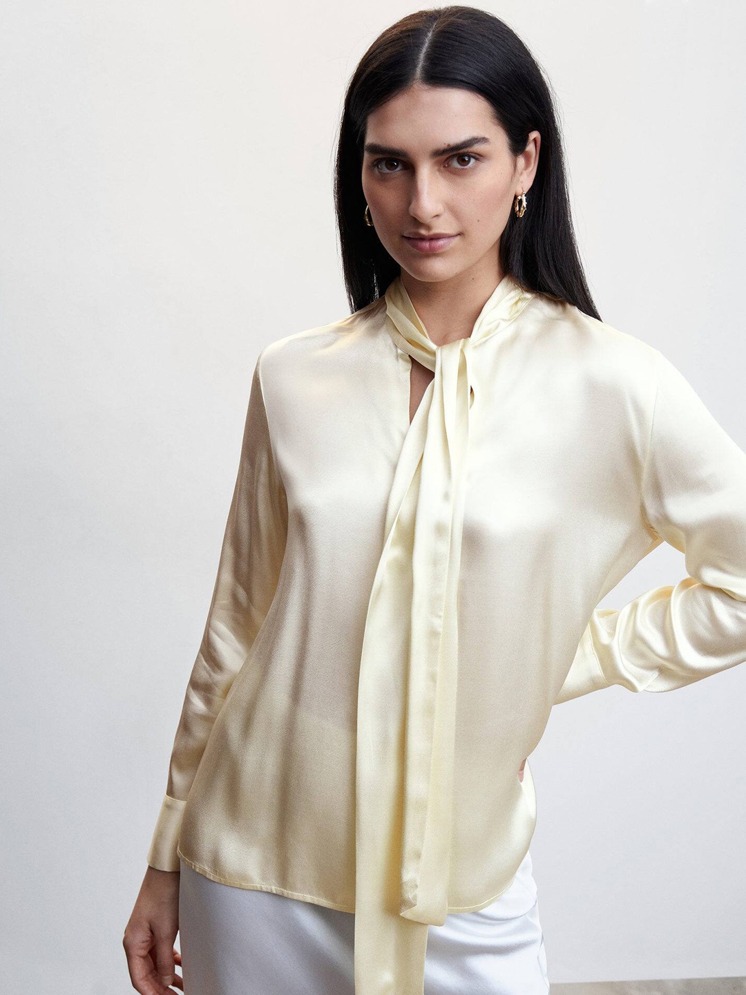 

MANGO Tie-Up Neck Satin Top, Cream