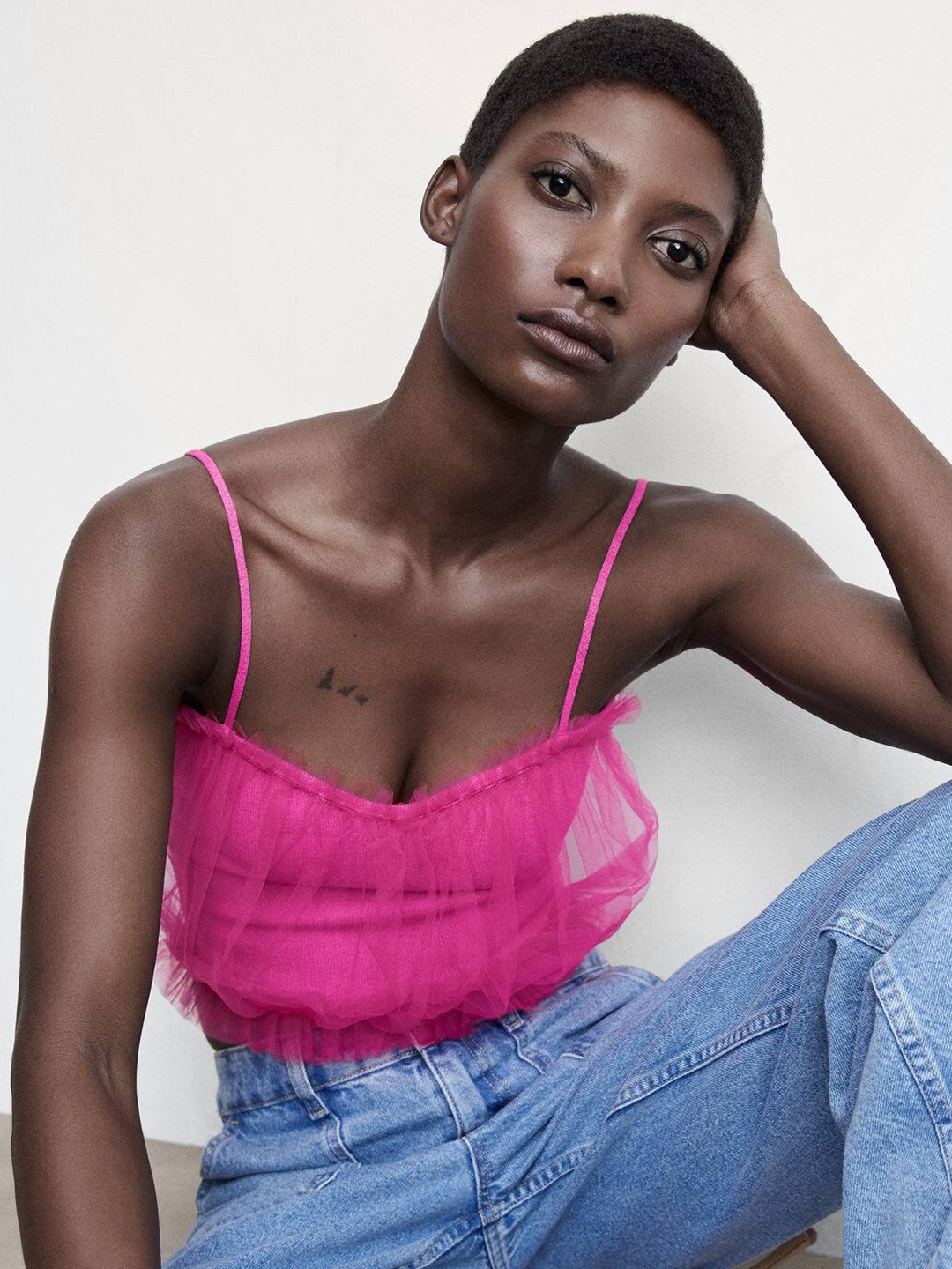 

MANGO Sweetheart Neckline Chiffon Top, Pink