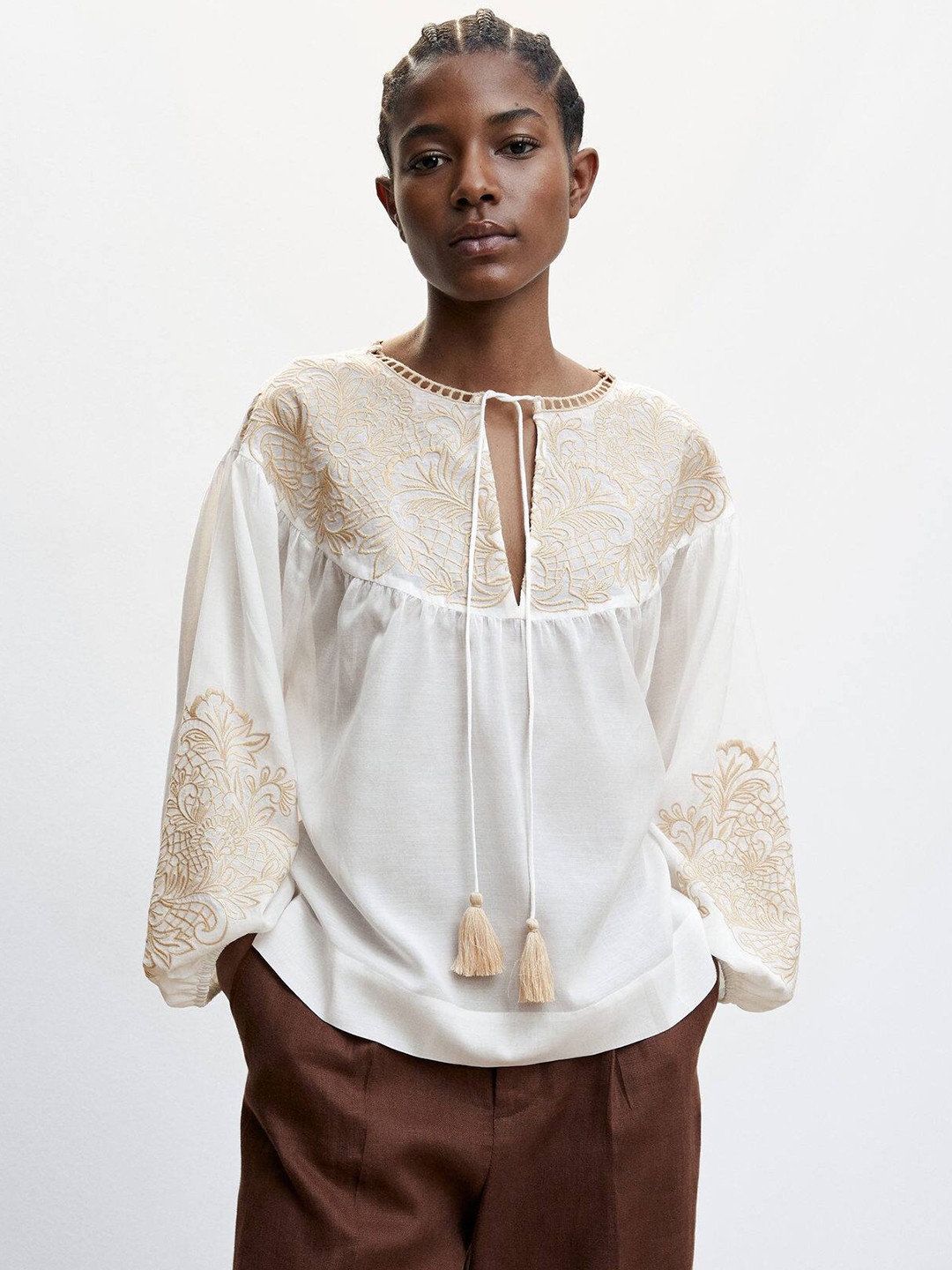 

MANGO Embroidered Tie-Up Neck Puff Sleeve Top, White