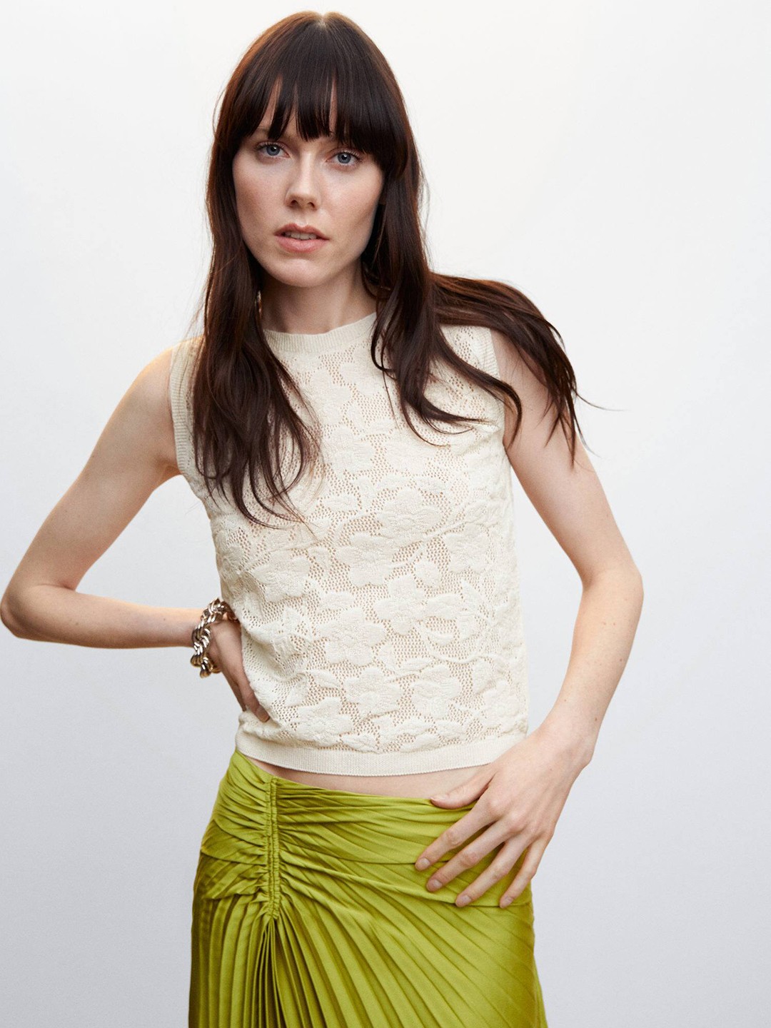 

MANGO Self Design Floral Top, Off white