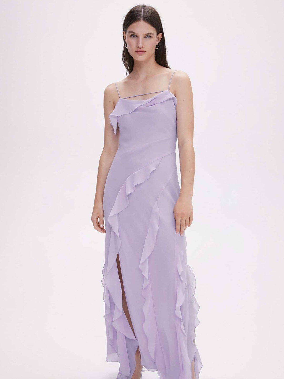 

MANGO Shoulder Strap Side Slit Ruffled Maxi Dress, Lavender