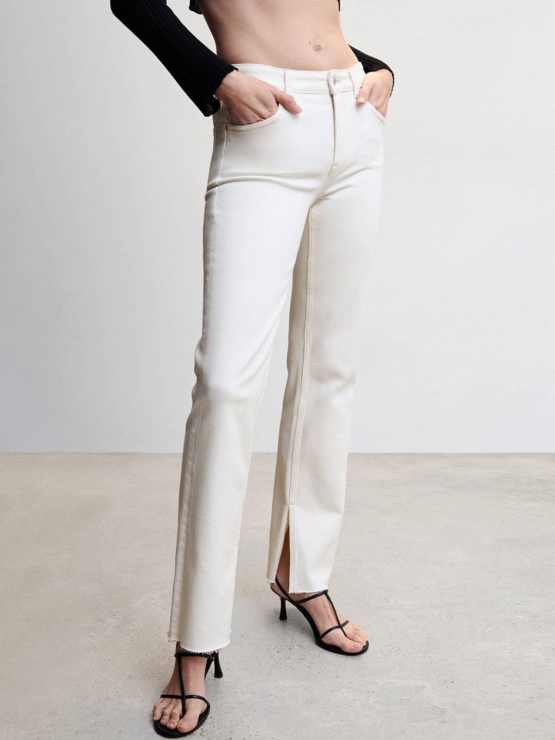 

MANGO Women Straight Fit Stretchable Jeans, Cream
