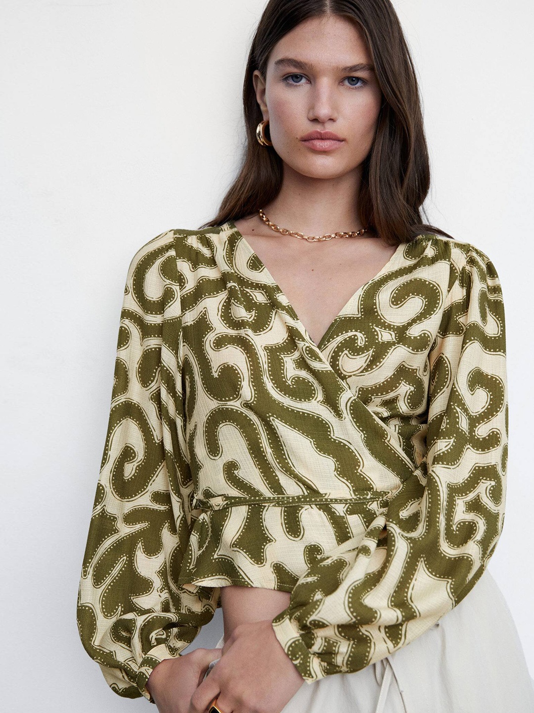 

MANGO Abstract Print Wrap Top, Cream