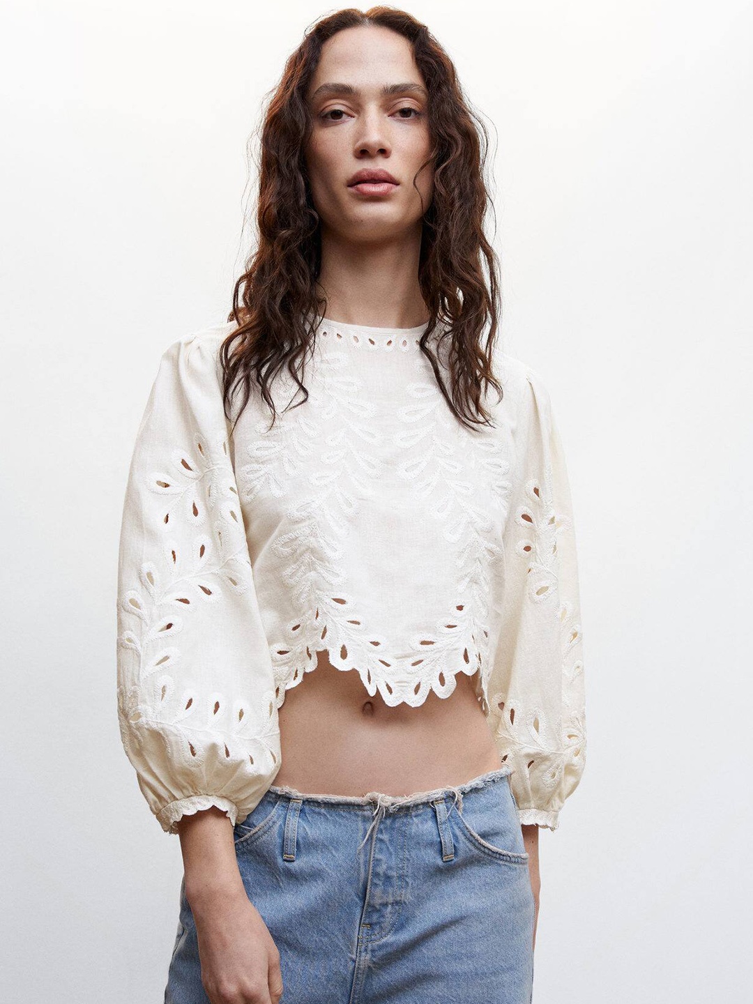 

MANGO Floral Embroidered Cotton Linen Crop Top, White