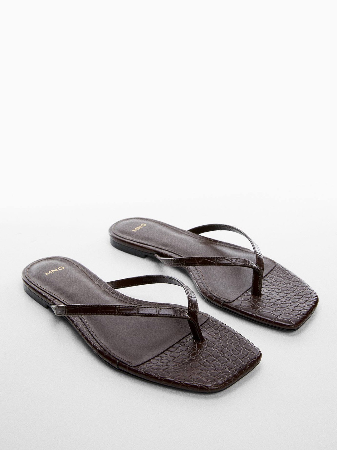 

MANGO Women Croc Textured Open Toe Flats, Coffee brown