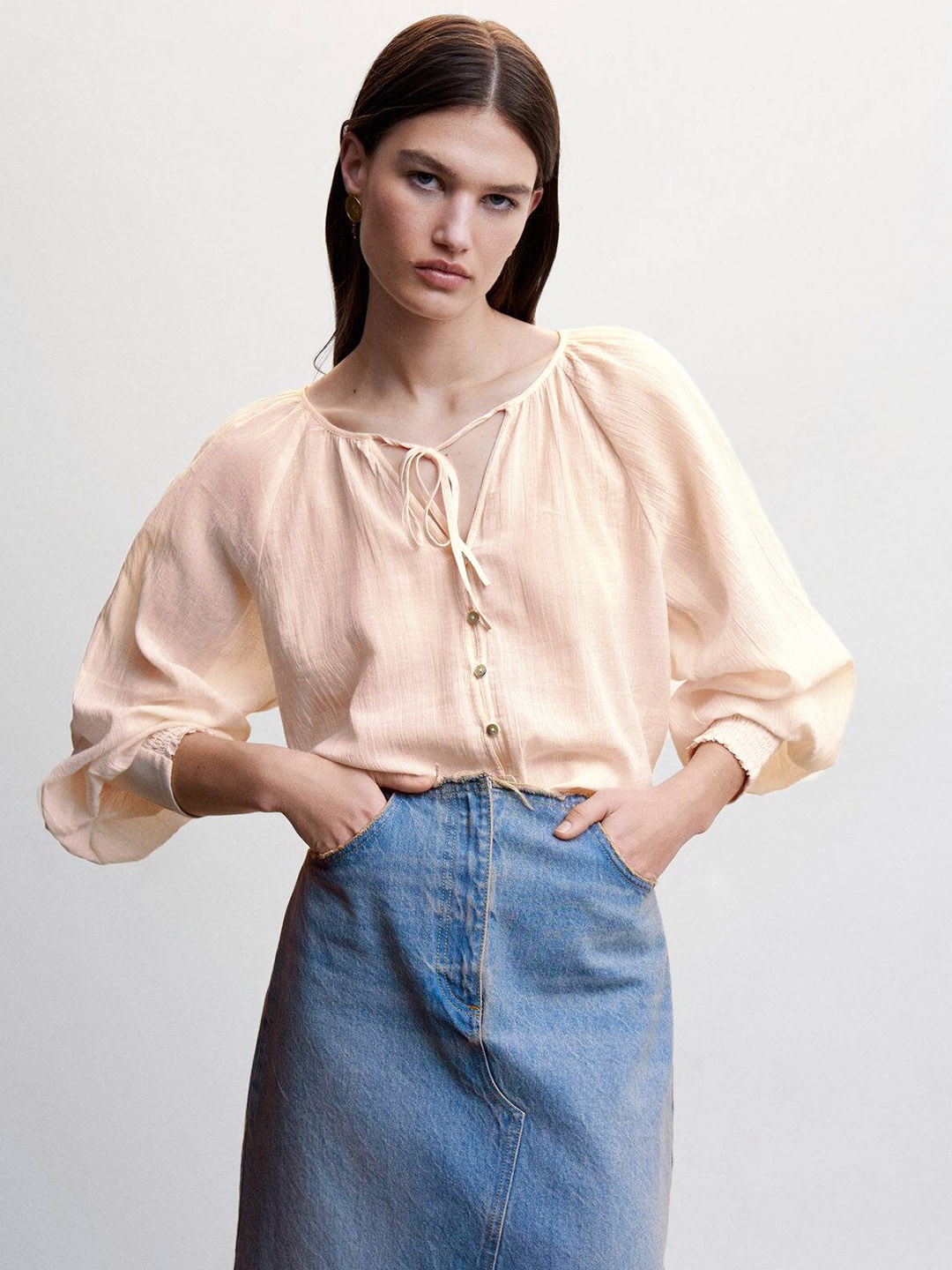 

MANGO Tie-Up Neck Puff Sleeve Cotton Shirt Style Top, Peach