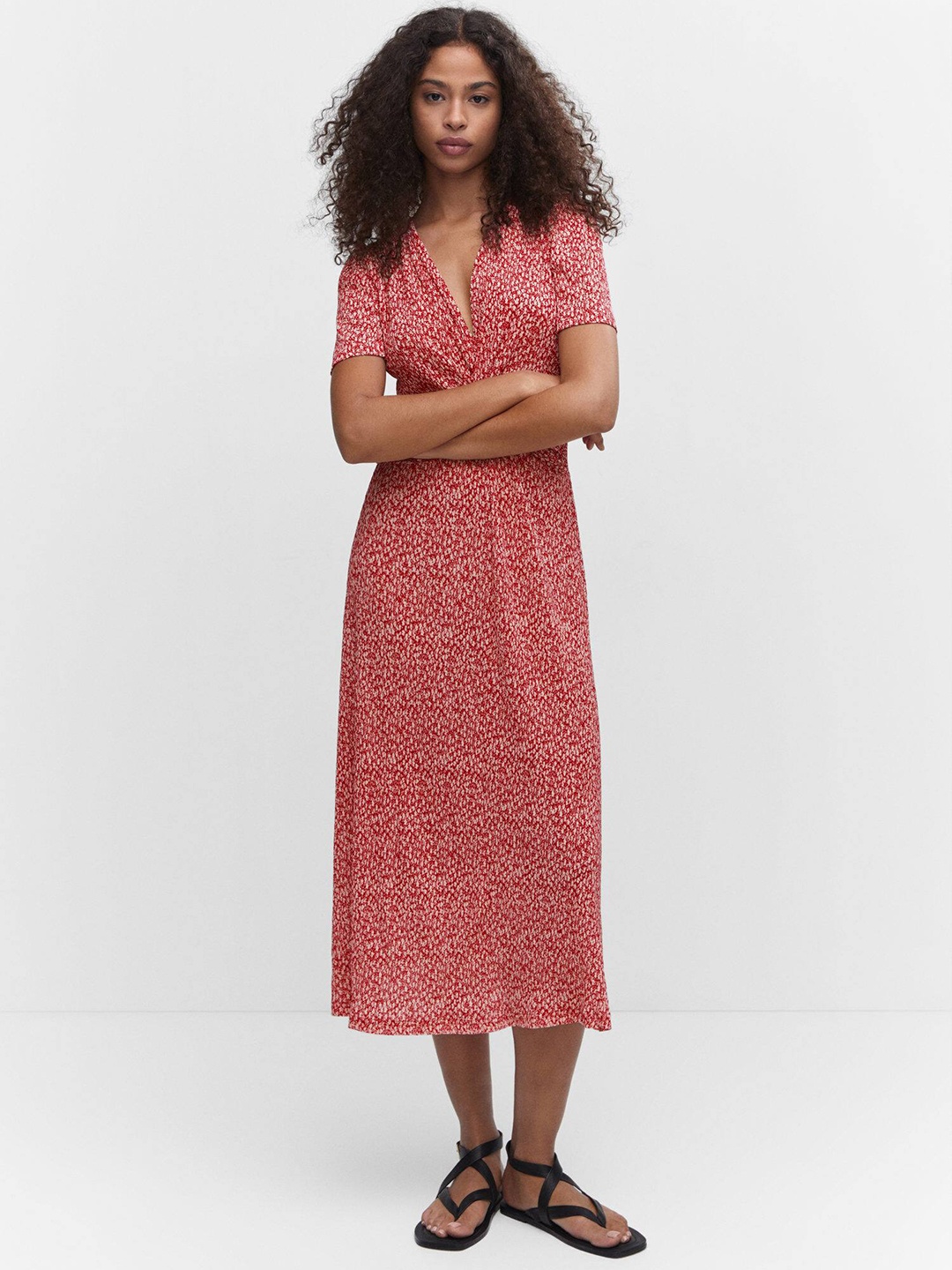 

MANGO Floral Print Ribbed & Twisted Detail A-Line Midi Dress, Red