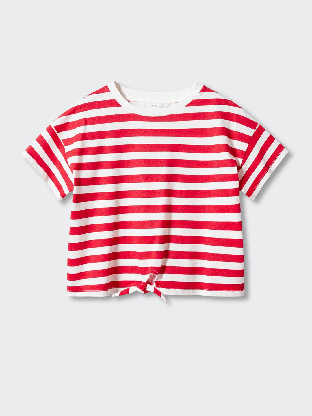 

Mango Kids Girls Striped Knot Detail Pure Cotton T-shirt, Red
