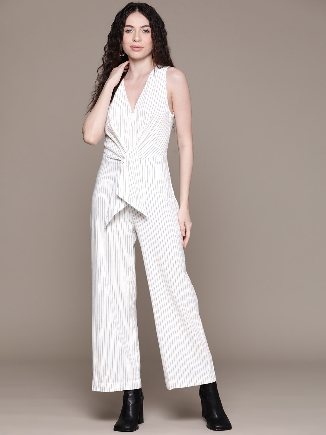 MANGO Striped Tie-Up Basic Jumpsuit, White