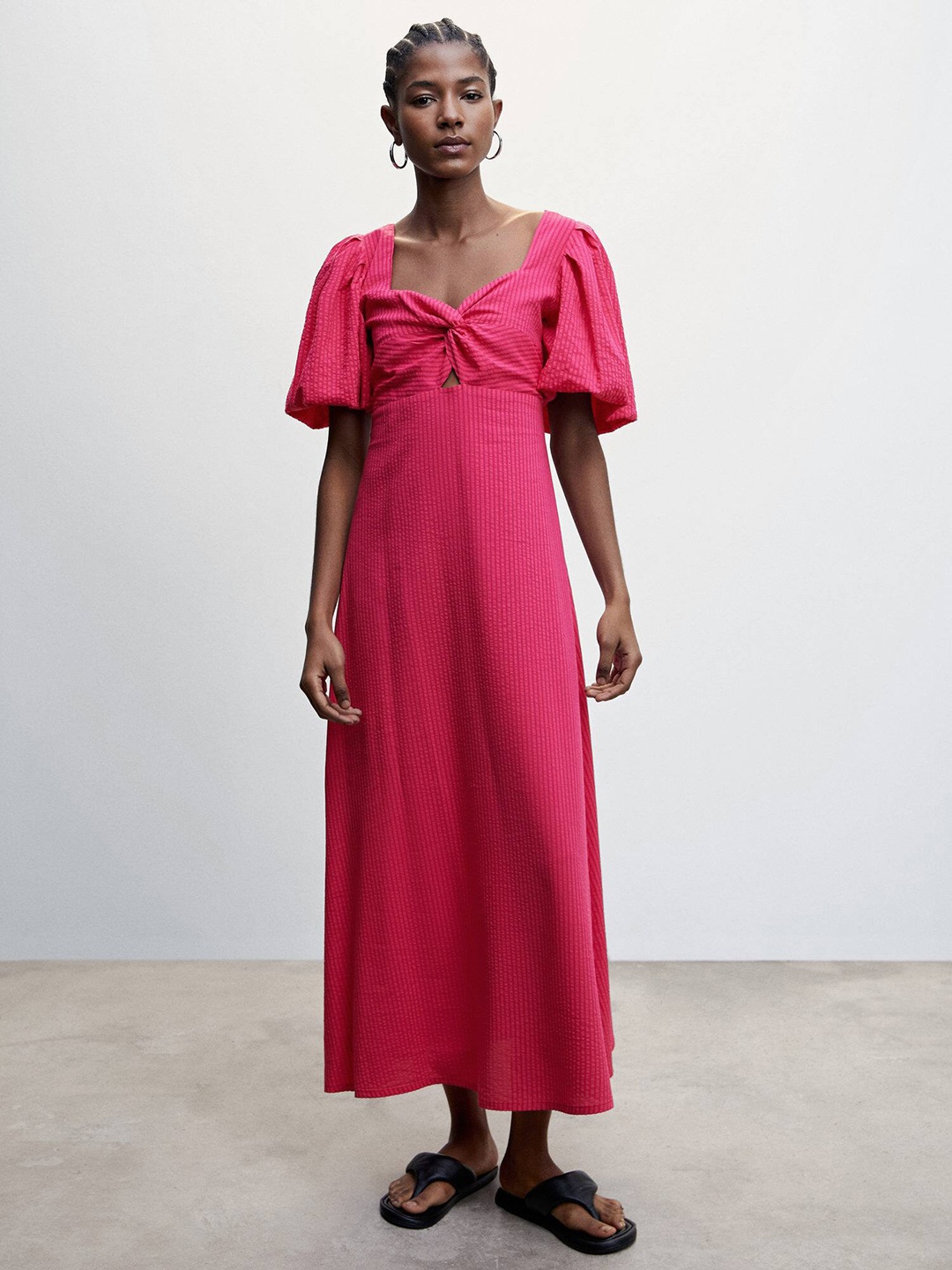 

MANGO Twisted Striped Puff Sleeves Maxi Dress, Pink