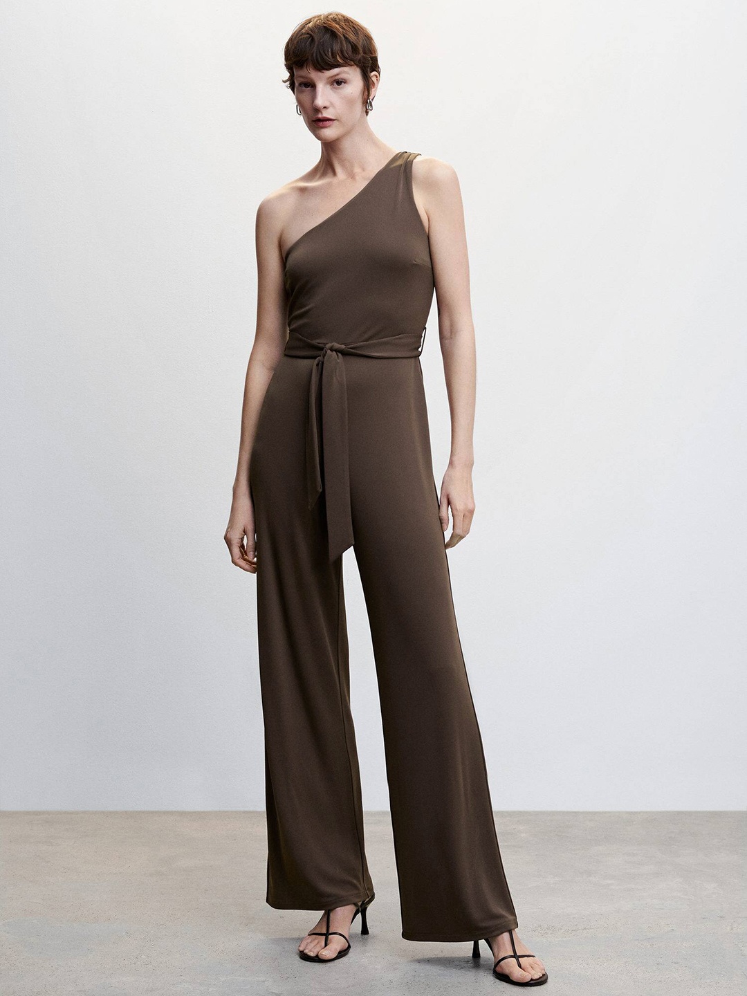 

MANGO One-Shoulder Tie-up Detail Basic Jumpsuit, Brown