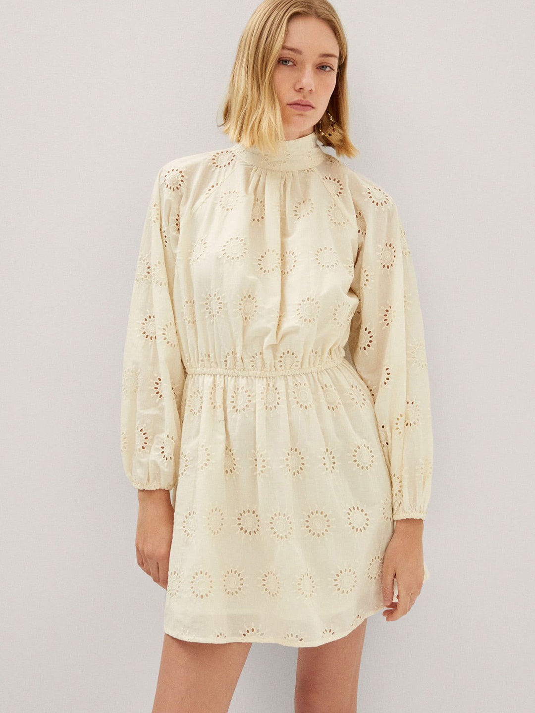 

MANGO Embroidered Puff Sleeve A-Line Mini Dress, Off white