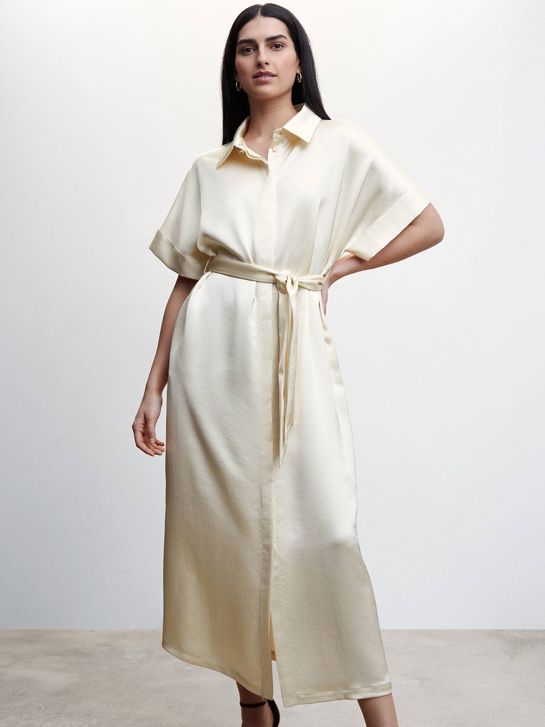 

MANGO Satin Finish Shirt Midi Dress, Off white