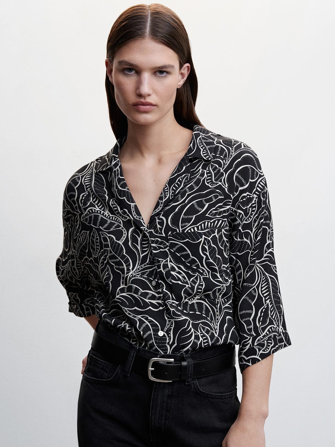 

MANGO Floral Printed Cuban Collar Shirt, Black