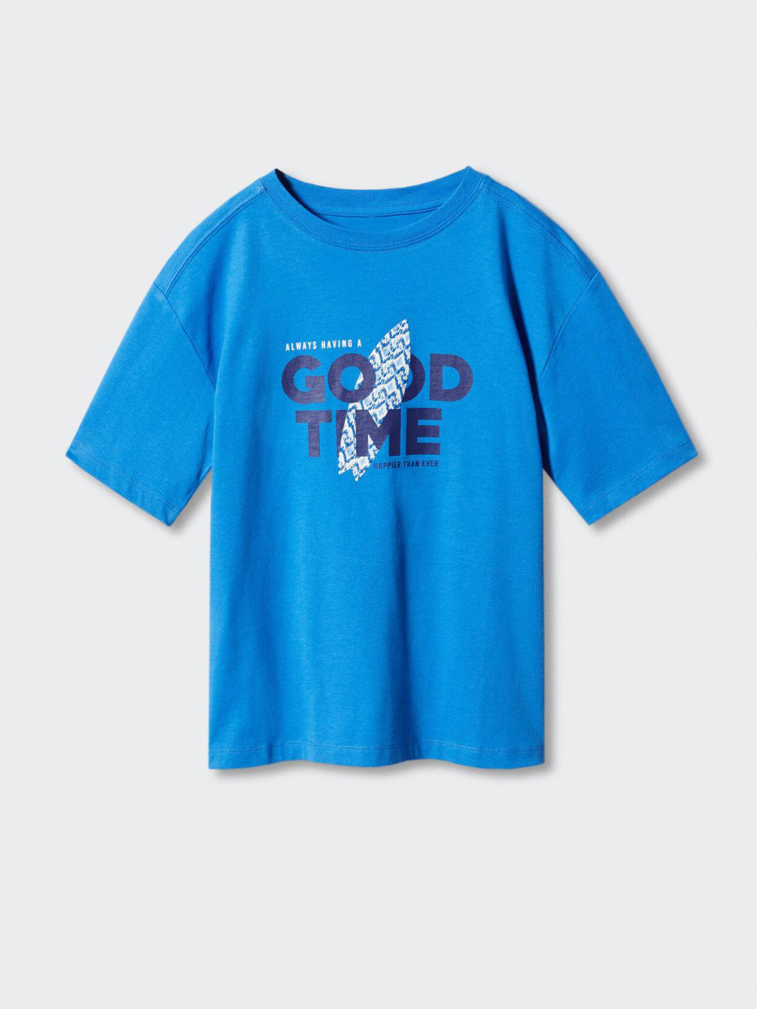 

Mango Kids Boys Pure Cotton Typography Printed Drop-Shoulder Sleeves T-shirt, Blue