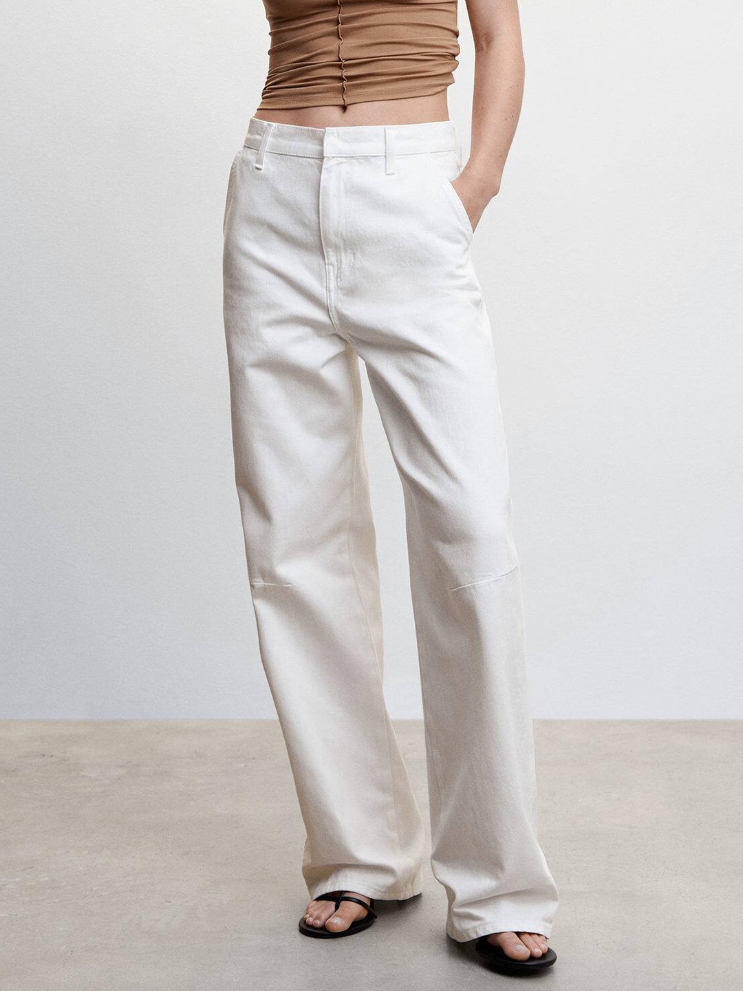 

MANGO Women Cotton Wide Leg Jeans, Off white