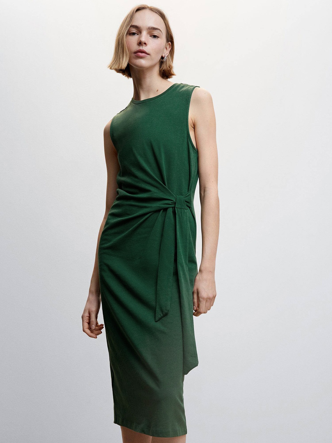

MAANGO Pure Cotton Tie-Up Sheath Midi Dress, Green