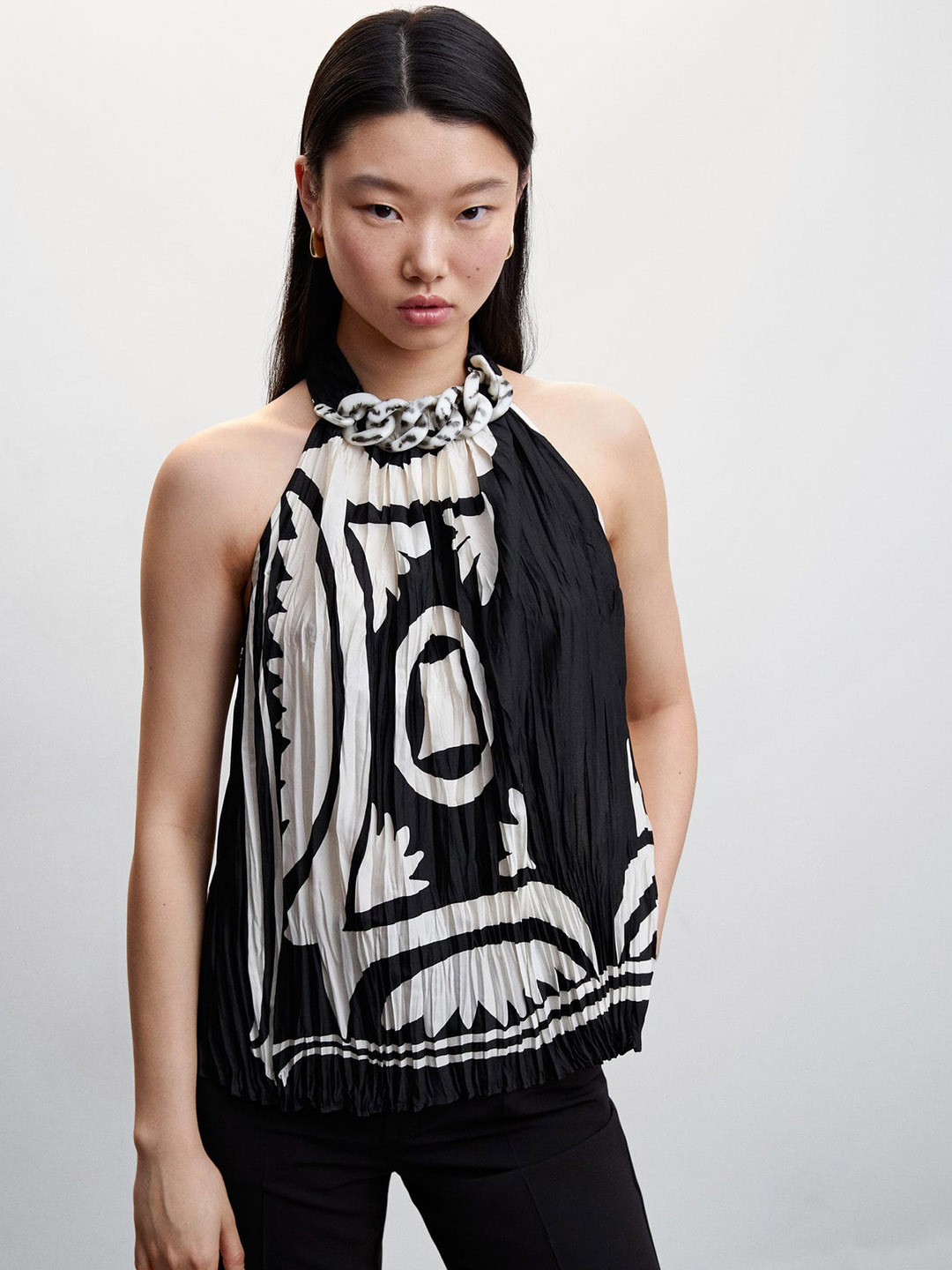 

MANGO Accordion Pleated Printed Halter Neck Top with Chain Detail, Black