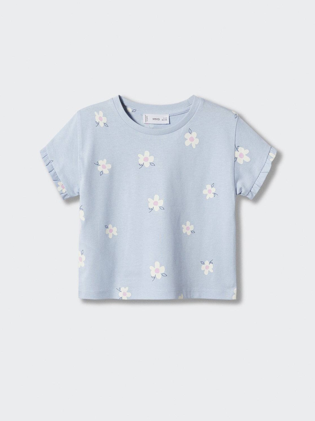 

Mango Kids Girls Floral Printed Pure Cotton T-shirt with Ruffled Detail, Blue