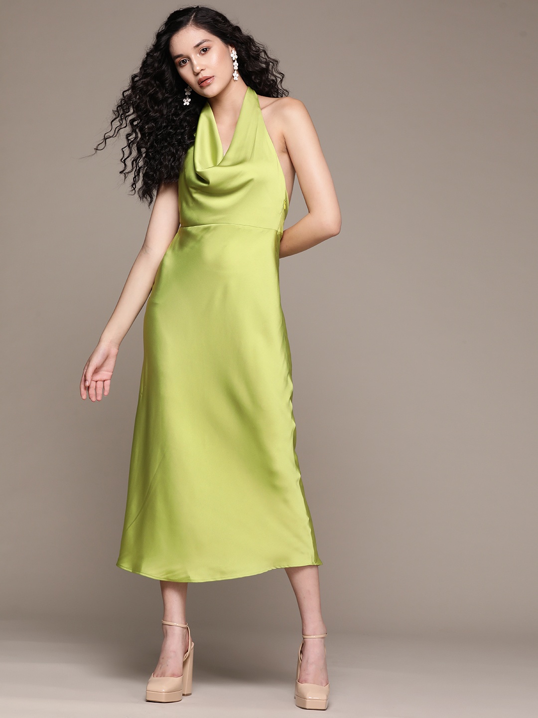 

MANGO Halter Neck Satin A-Line Midi Dress, Green
