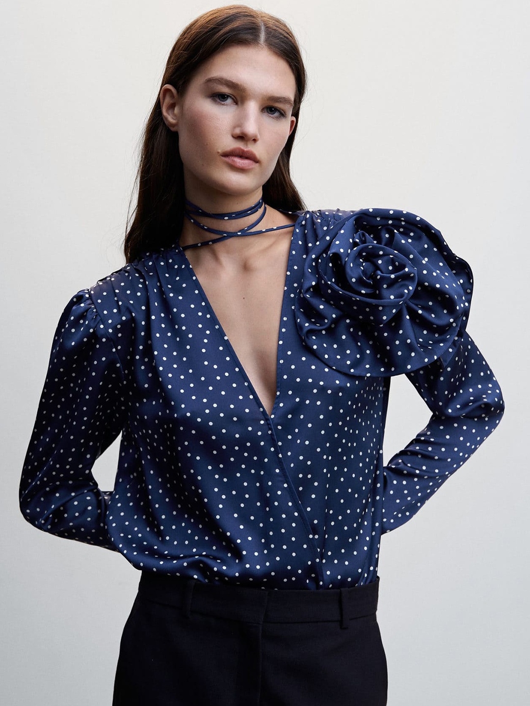 

MANGO Polka Dot Print V-Neck Corsage Detail Wrap Top, Blue