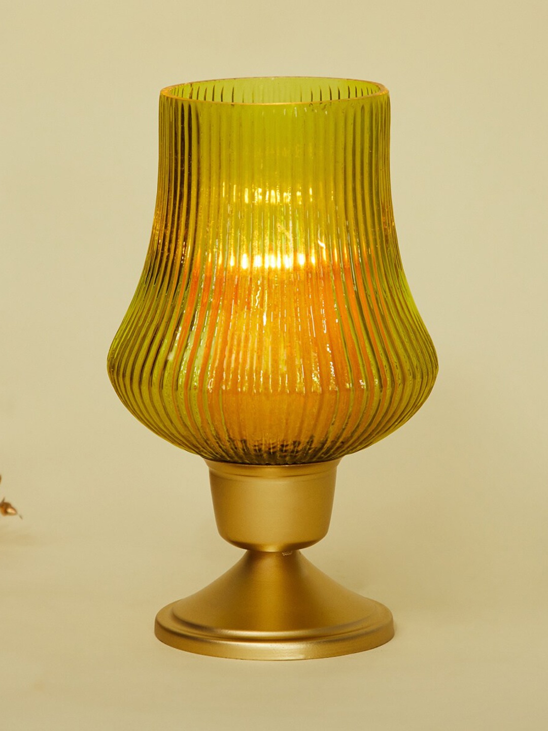 

Home Centre Raga Glass Ribbed Hurricane Candle Holder with Metal Stand, Green