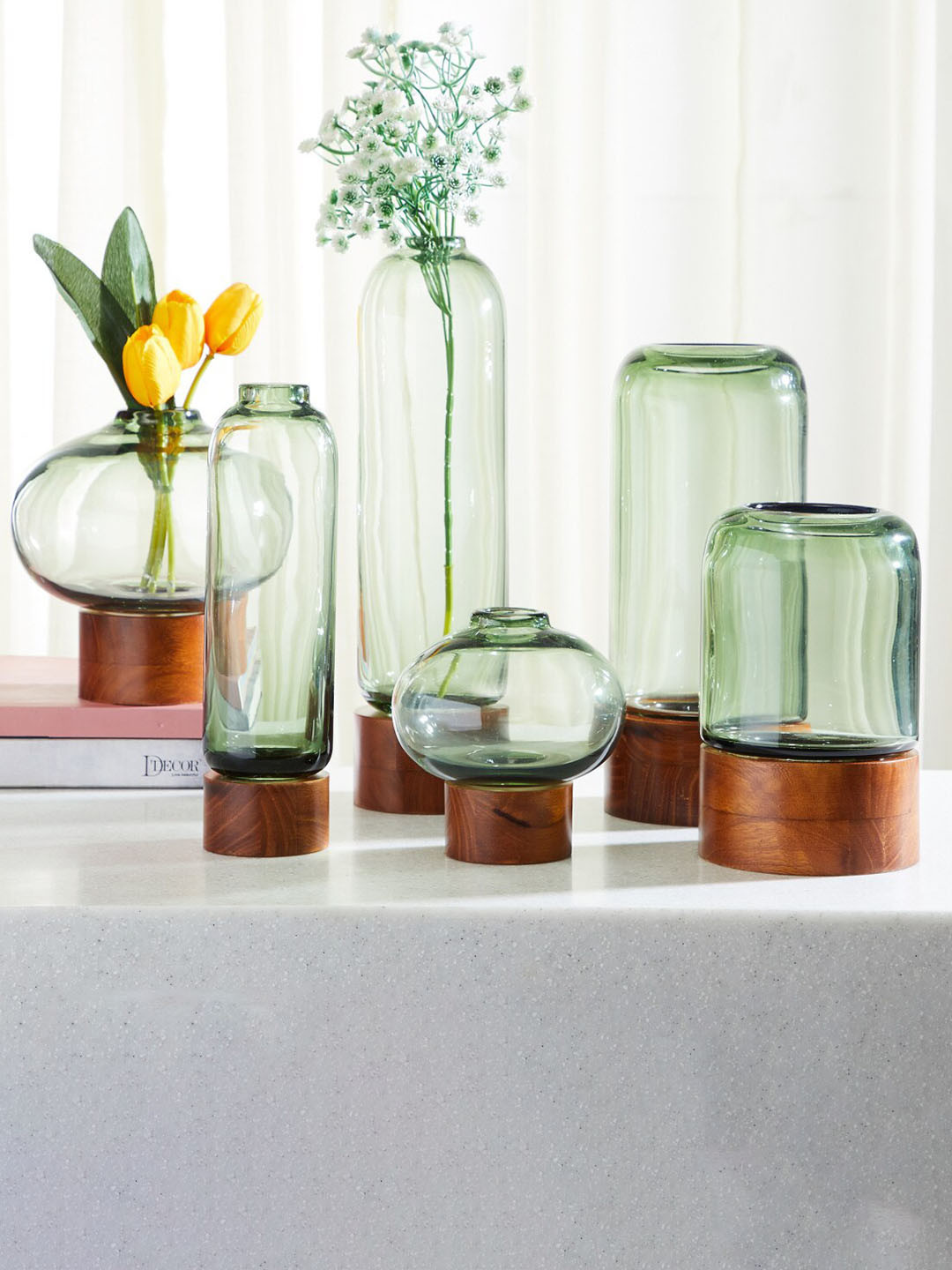 

Home Centre Fern Living Glass Hurricane With Wood Base, Green