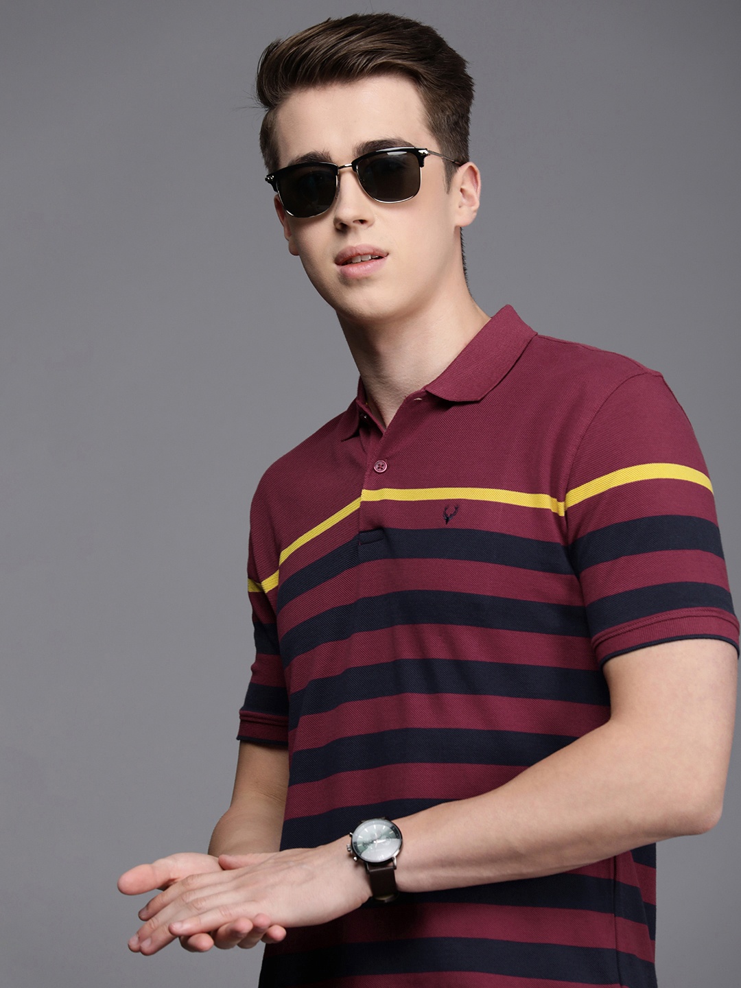 

Allen Solly Men Striped Polo Collar Pure Cotton T-shirt, Maroon